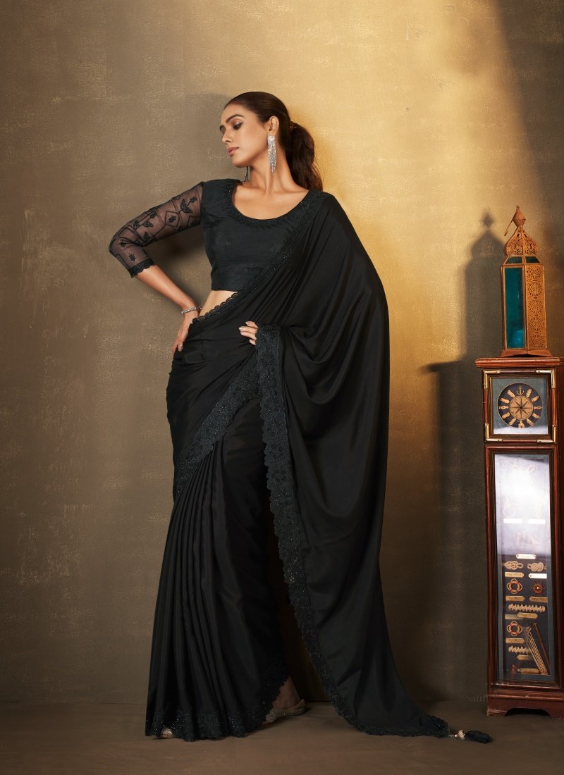 Black Silk Saree With Thread and Swaroski Work-2