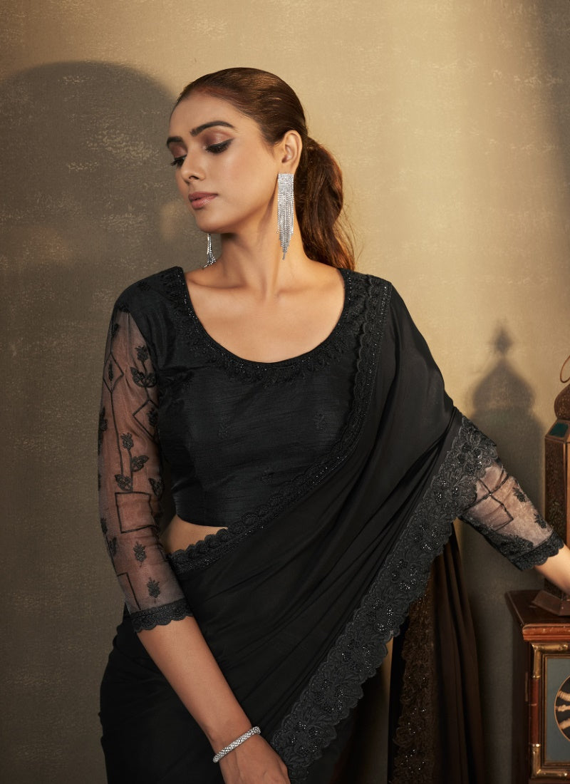 Black Silk Saree With Thread and Swaroski Work-2