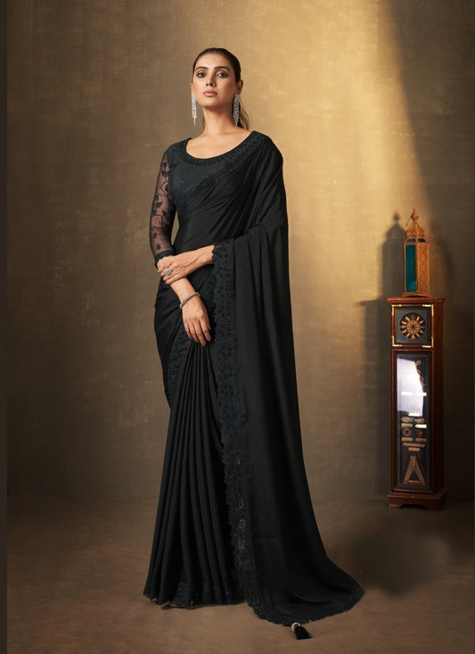 Black Silk Saree With Thread and Swaroski Work