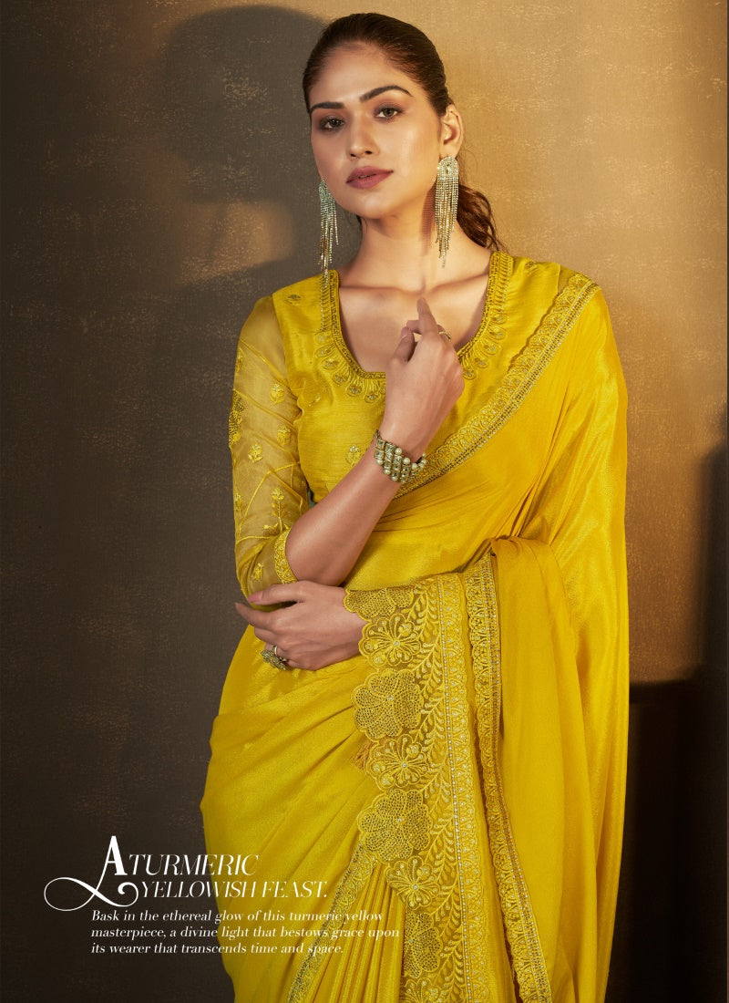 Yellow Silk Saree With Thread and Swaroski Work-2