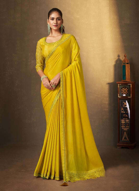 Yellow Silk Saree With Thread and Swaroski Work