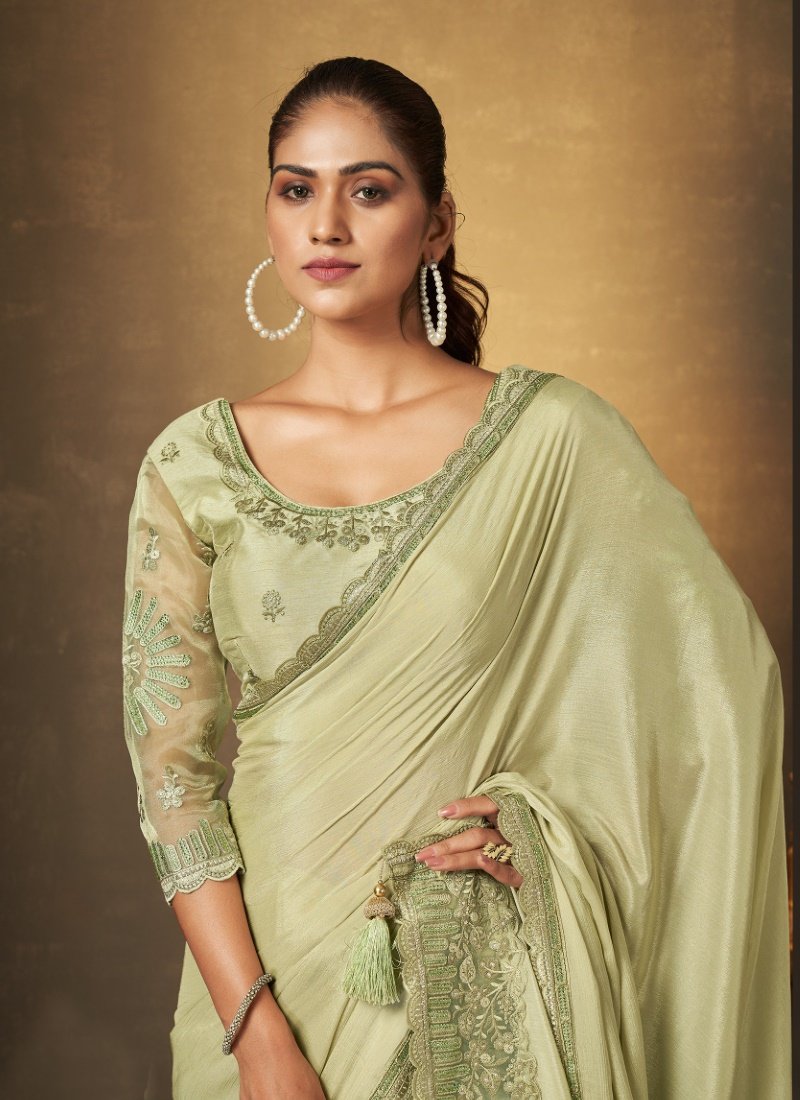 Pista Green Silk Saree With Thread and Swaroski Work-2