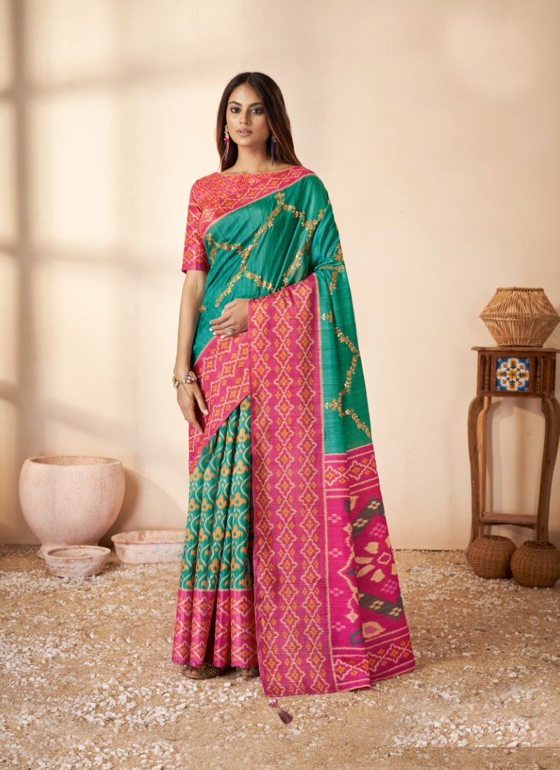 Green Silk Saree With Thread Work