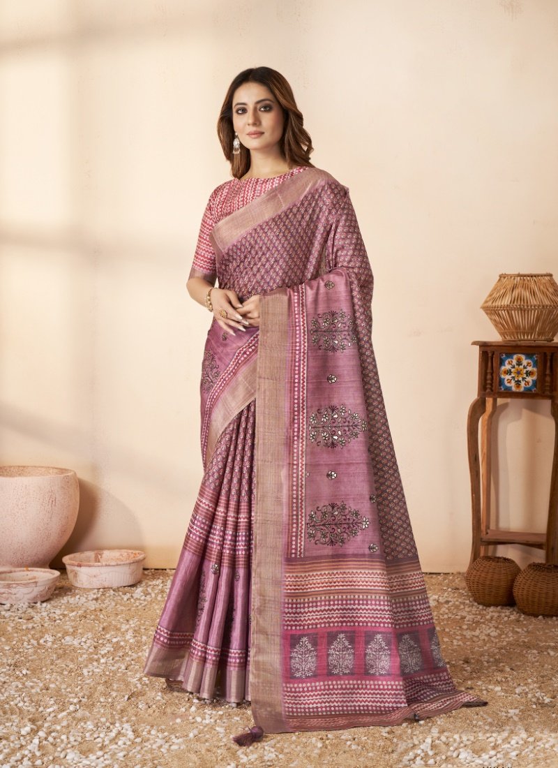 Light Purple Silk Saree With Thread Work