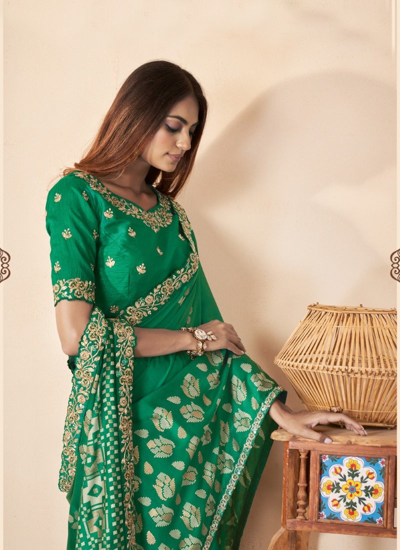 Green Silk Saree With Thread, Zari and Stone Work-2