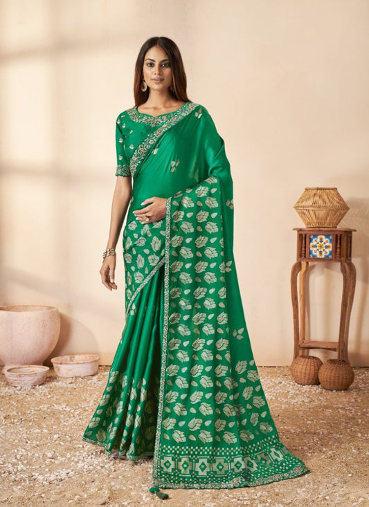 Green Silk Saree With Thread, Zari and Stone Work