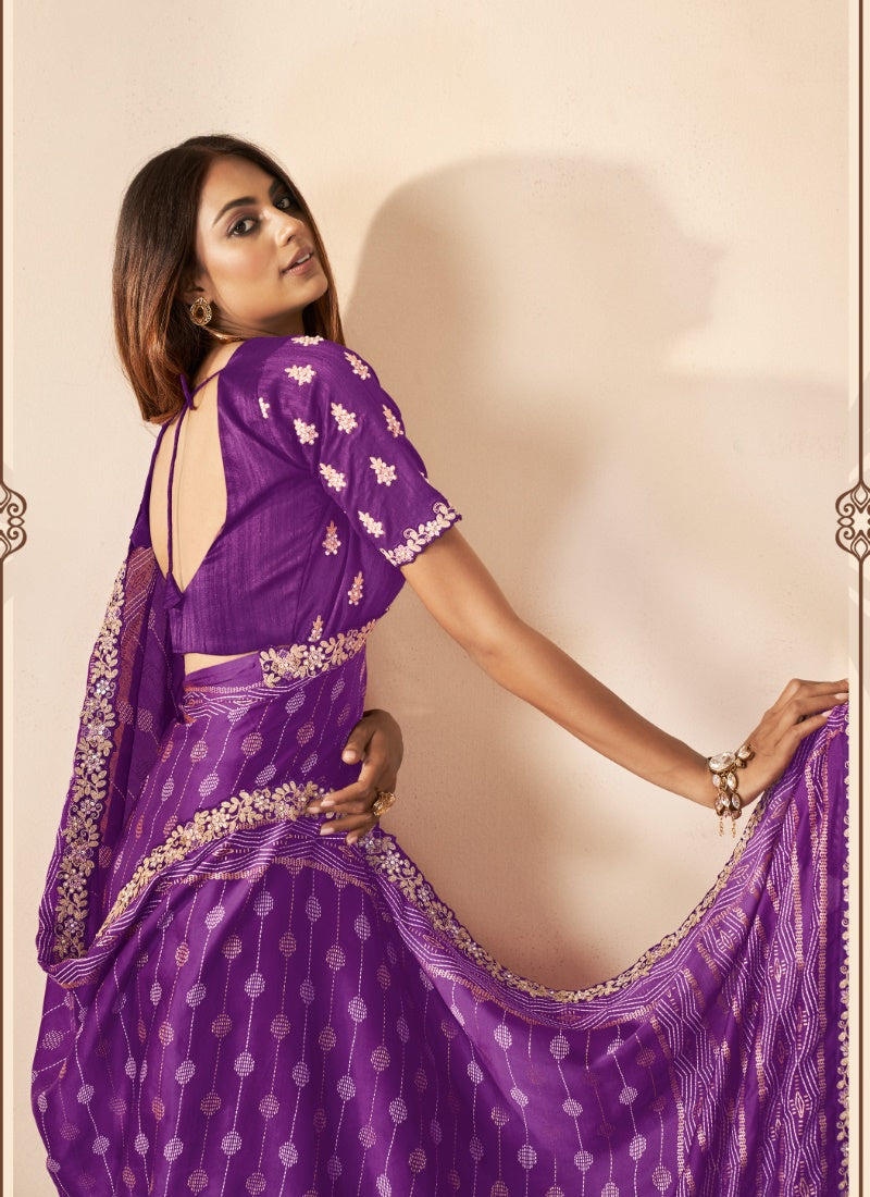 Violet Silk Saree With Thread, Zari and Stone Work-2