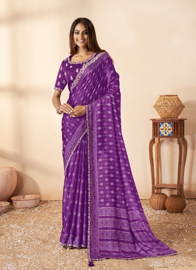 Violet Silk Saree With Thread, Zari and Stone Work