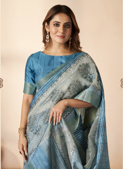 Blue Silk Saree With Thread Work-2