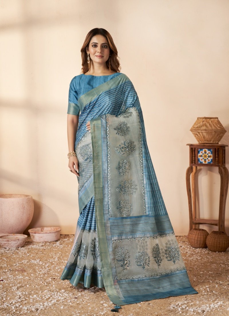 Blue Silk Saree With Thread Work