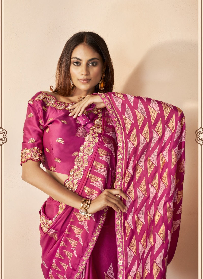 Magenta Silk Saree With Thread, Zari and Stone Work-2