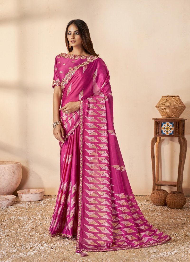 Magenta Silk Saree With Thread, Zari and Stone Work