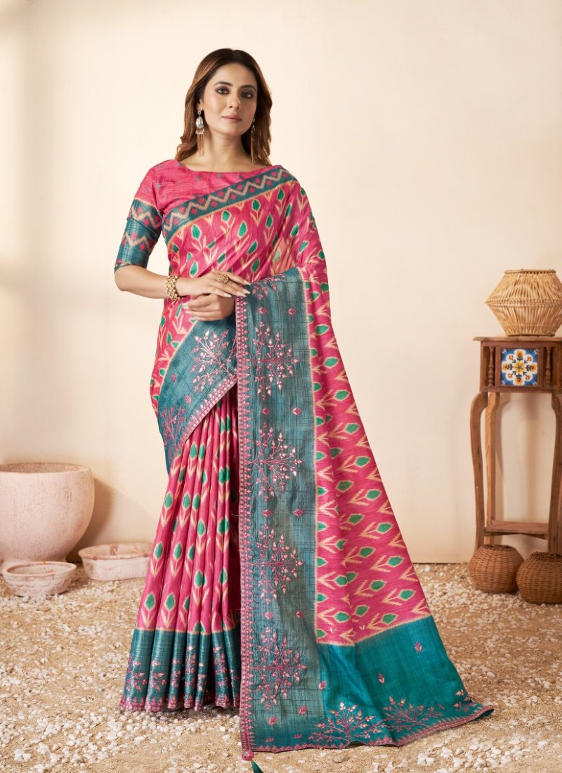 Pink Silk Saree With Thread Work