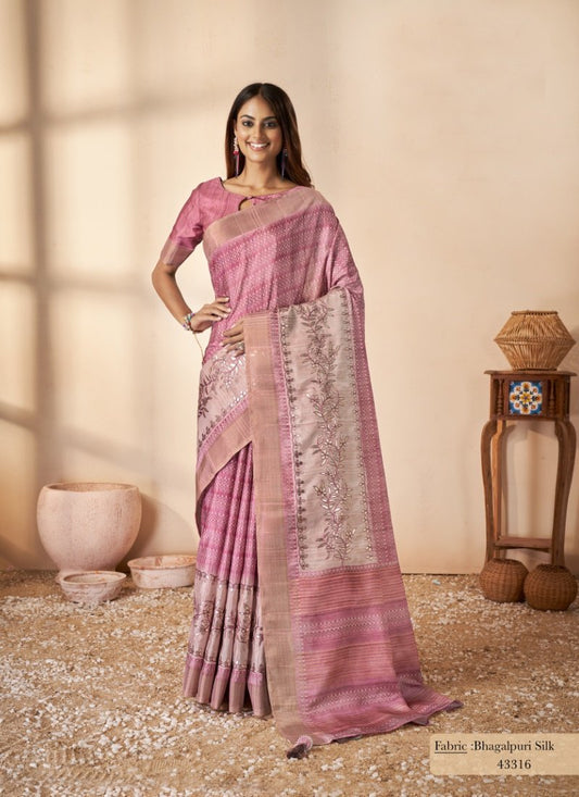 Light Pink Silk Saree With Thread Work