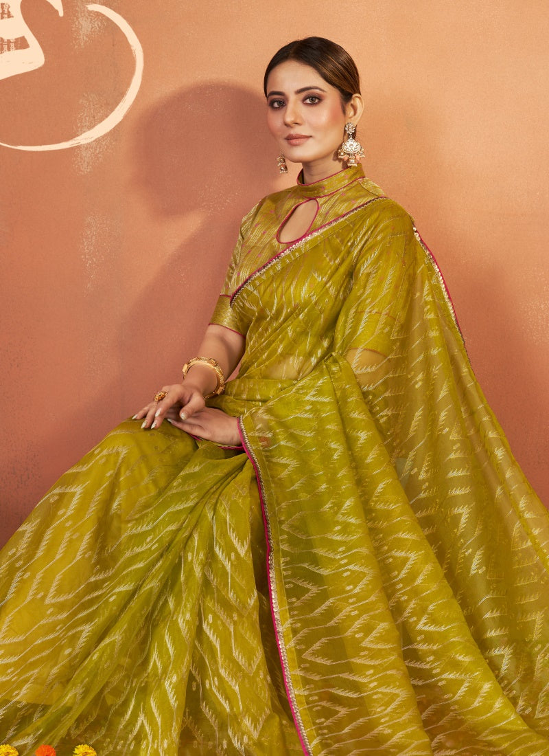 Olive Green Organza Silk Saree With Sequins & Thread Work-2