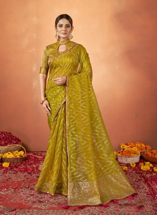 Olive Green Organza Silk Saree With Sequins & Thread Work