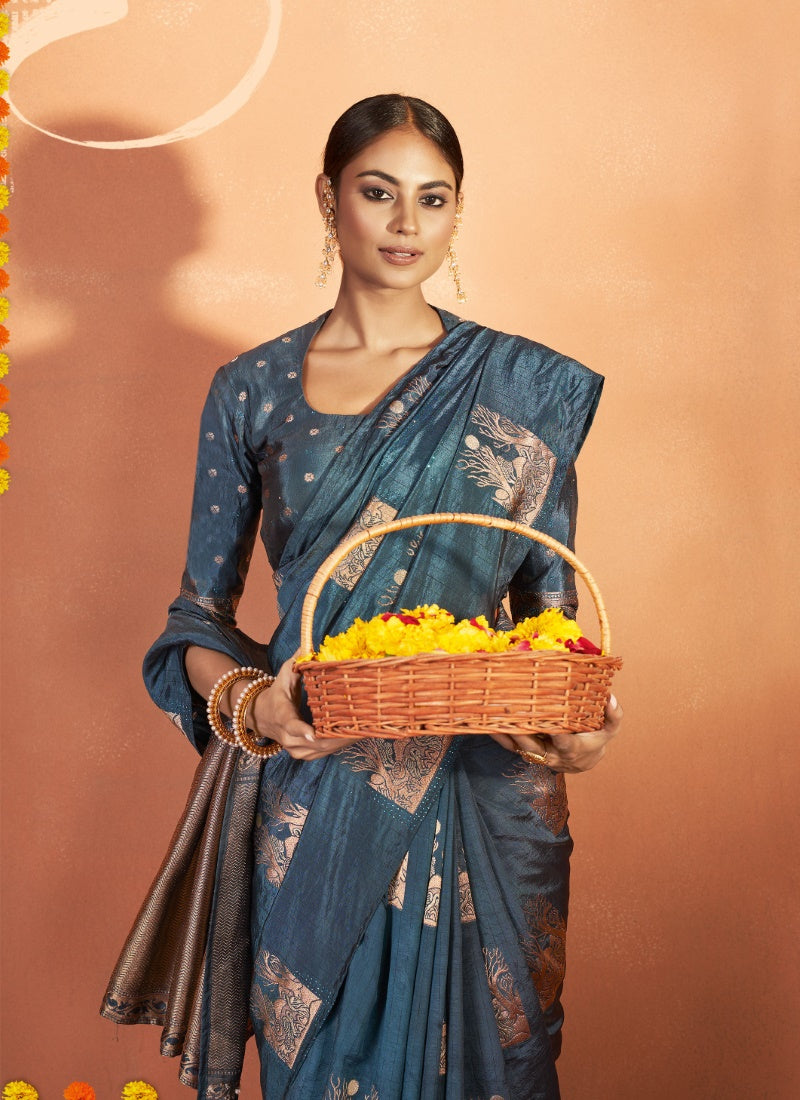 Teal Blue Tusser Silk Saree With Stone Work-2