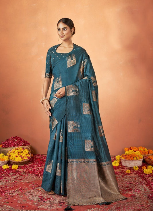 Teal Blue Tusser Silk Saree With Stone Work