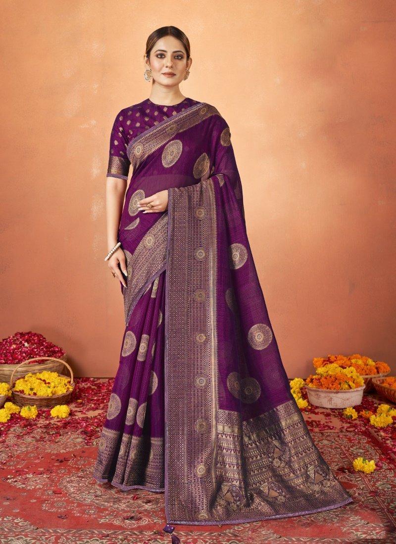 Purple Kanjivaram Silk Saree With Thread Work