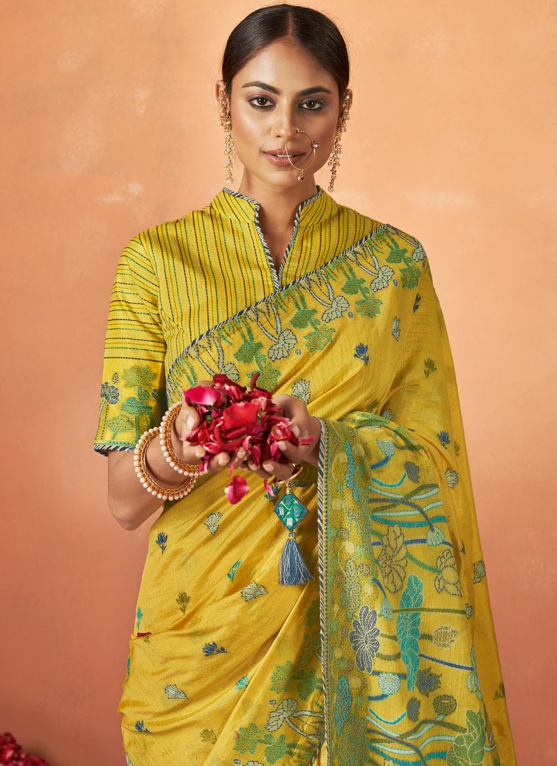 Yellow Tusser Silk Saree With Sequins & Thread Work-2