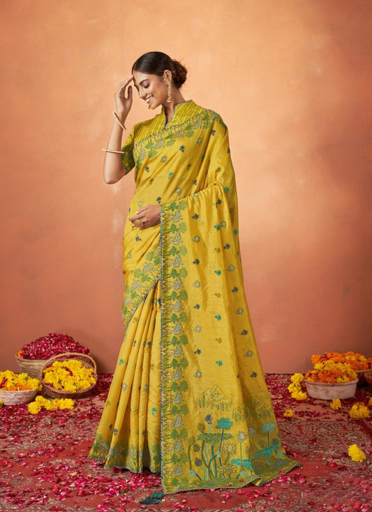 Yellow Tusser Silk Saree With Sequins & Thread Work