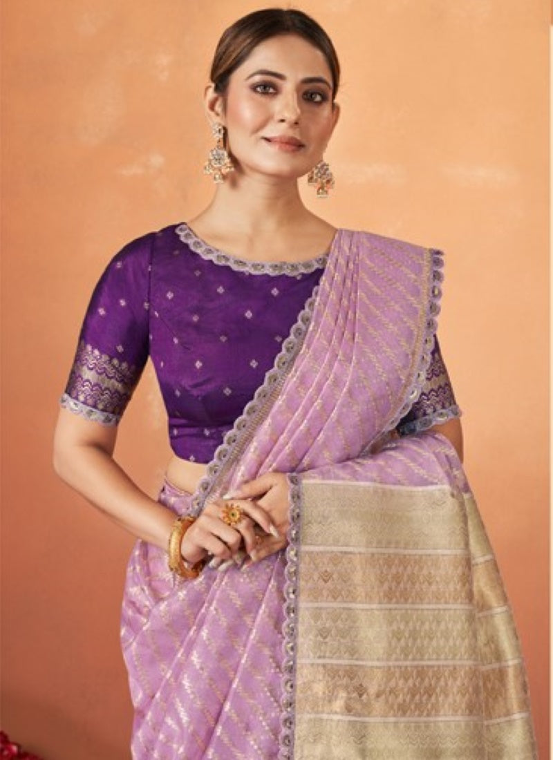 Lavender Organza Silk Saree With Sequins & Thread Work-2