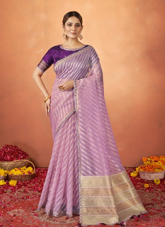 Lavender Organza Silk Saree With Sequins & Thread Work