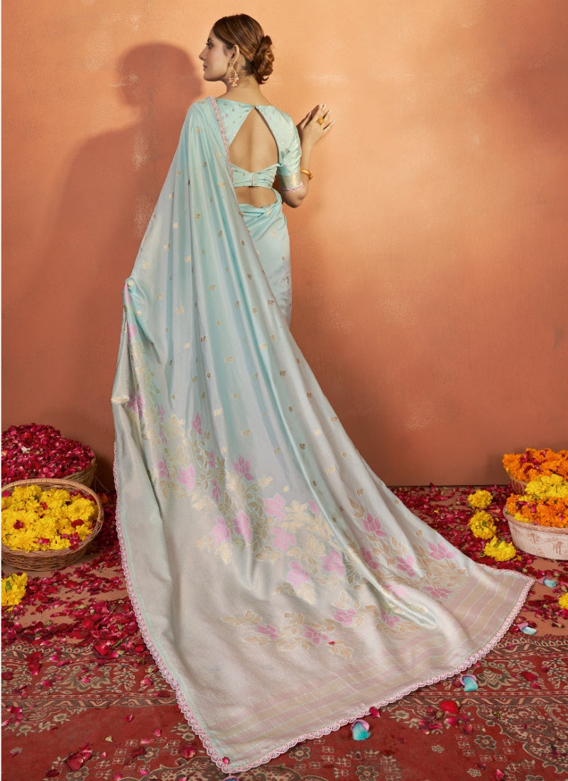 Sky Blue Tusser Silk Saree With Sequins Work-2