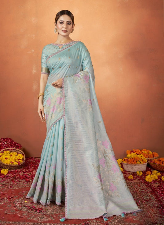 Sky Blue Tusser Silk Saree With Sequins Work