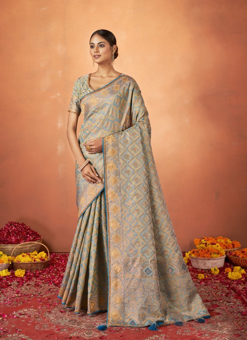 Light Green Tusser Silk Saree With Stone Work