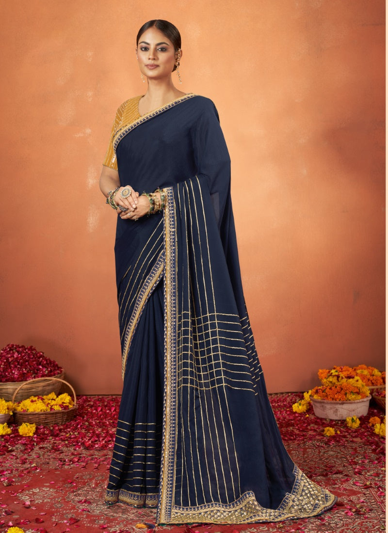 Navy Blue Silk Saree Sequins & Thread Work