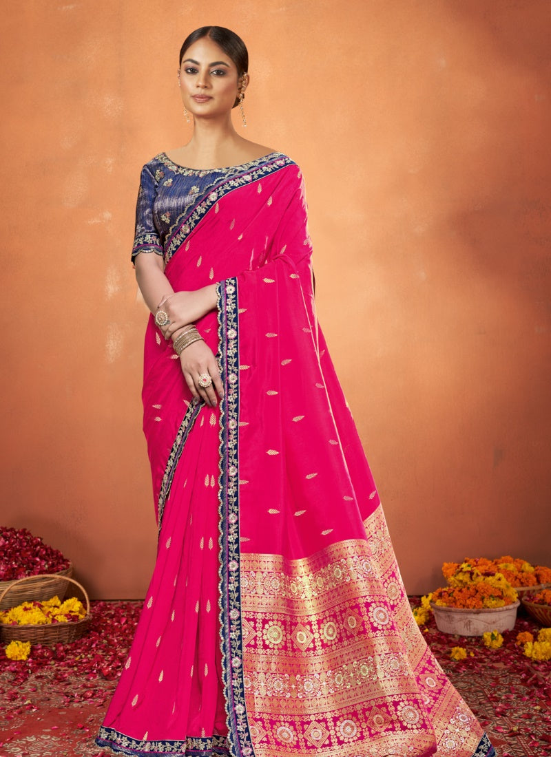 Magenta Viscose Silk Saree With Resham and Zari Work