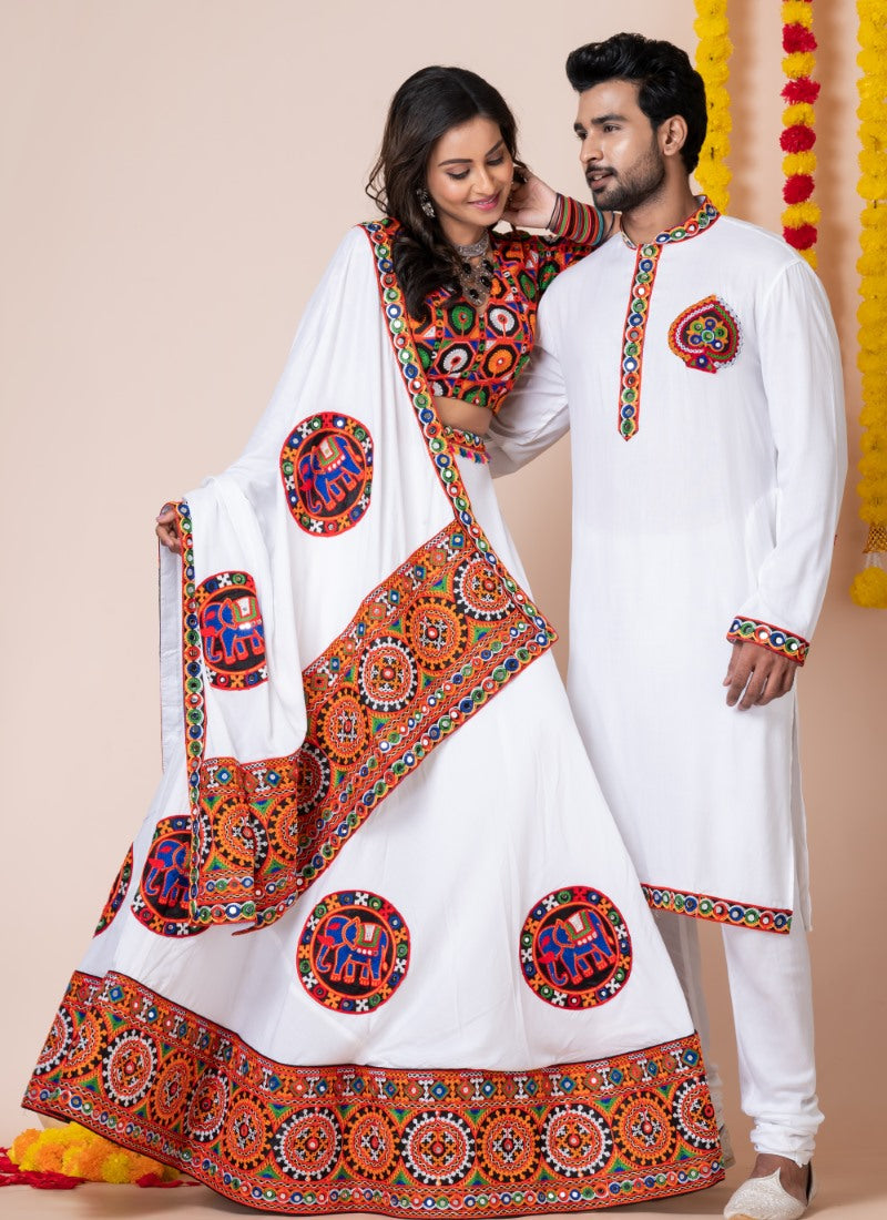 White Navratri Chaniya Choli & Men's Kurta Pajama Combo With Embroidery Work