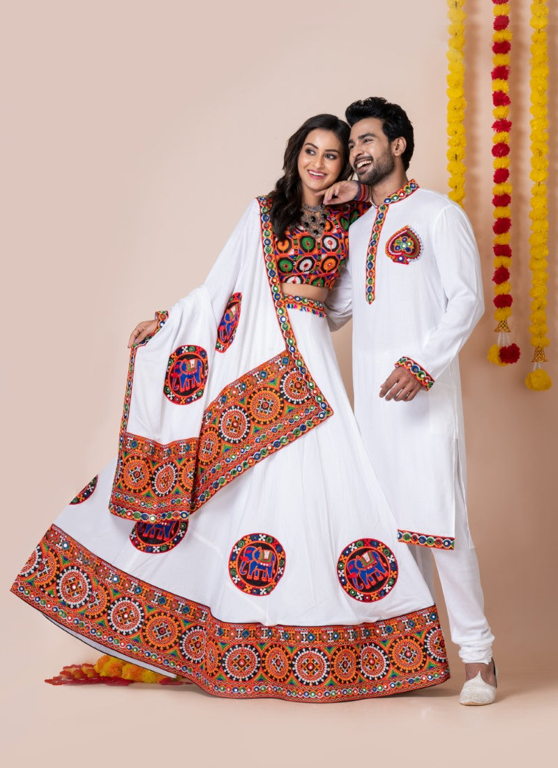 White Navratri Chaniya Choli & Men's Kurta Pajama Combo With Embroidery Work