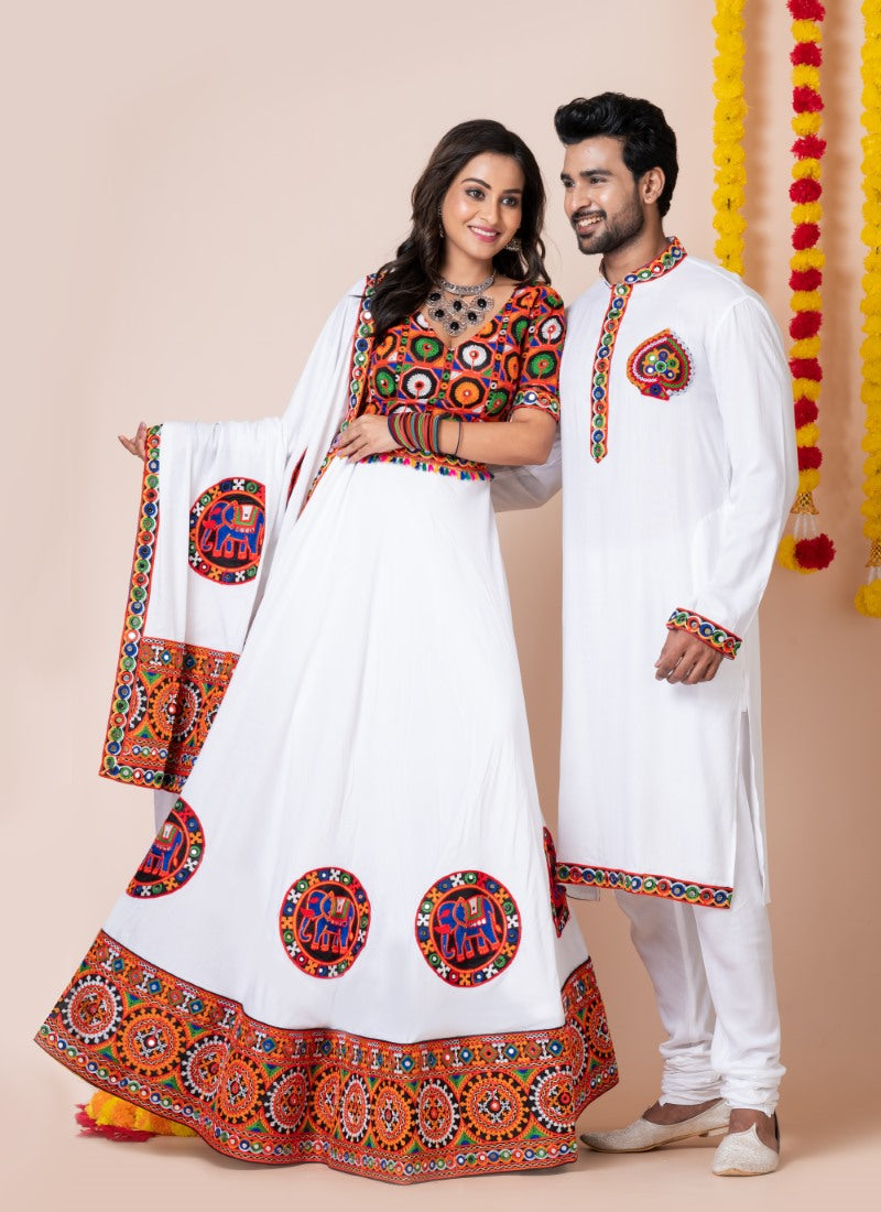 White Navratri Chaniya Choli & Men's Kurta Pajama Combo With Embroidery Work