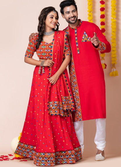 Red Navratri Chaniya Choli & Men's Kurta Pajama Combo With Embroidery Work