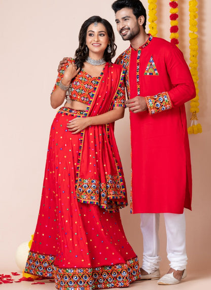 Red Navratri Chaniya Choli & Men's Kurta Pajama Combo With Embroidery Work