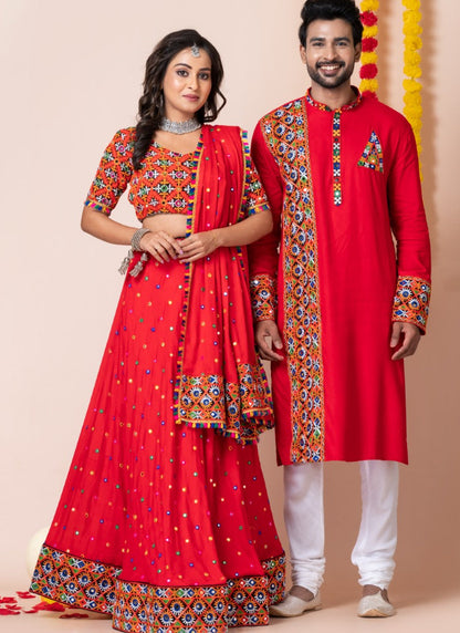 Red Navratri Chaniya Choli & Men's Kurta Pajama Combo With Embroidery Work