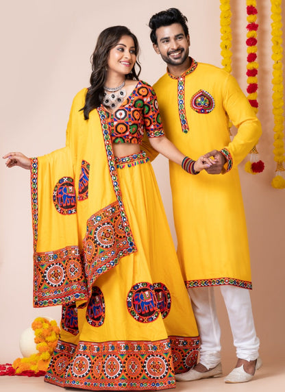 Yellow Navratri Chaniya Choli & Men's Kurta Pajama Combo With Embroidery Work