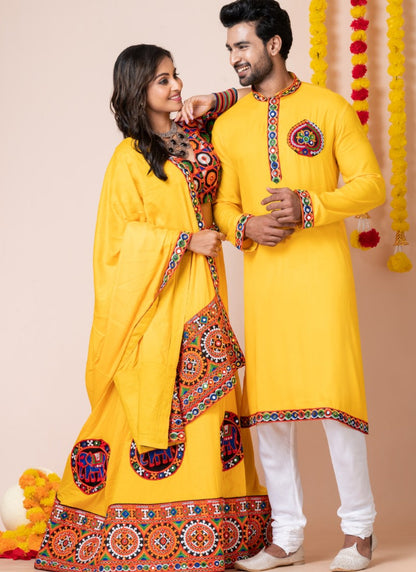 Yellow Navratri Chaniya Choli & Men's Kurta Pajama Combo With Embroidery Work