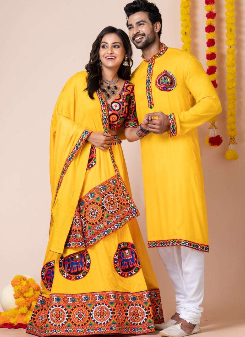 Yellow Navratri Chaniya Choli & Men's Kurta Pajama Combo With Embroidery Work