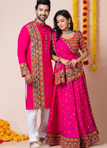 Pink Navratri Chaniya Choli & Men's Kurta Pajama Combo With Embroidery Work