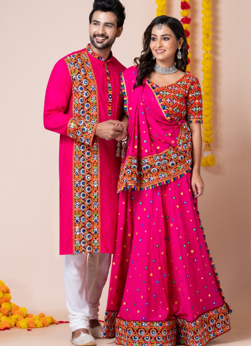 Pink Navratri Chaniya Choli & Men's Kurta Pajama Combo With Embroidery Work