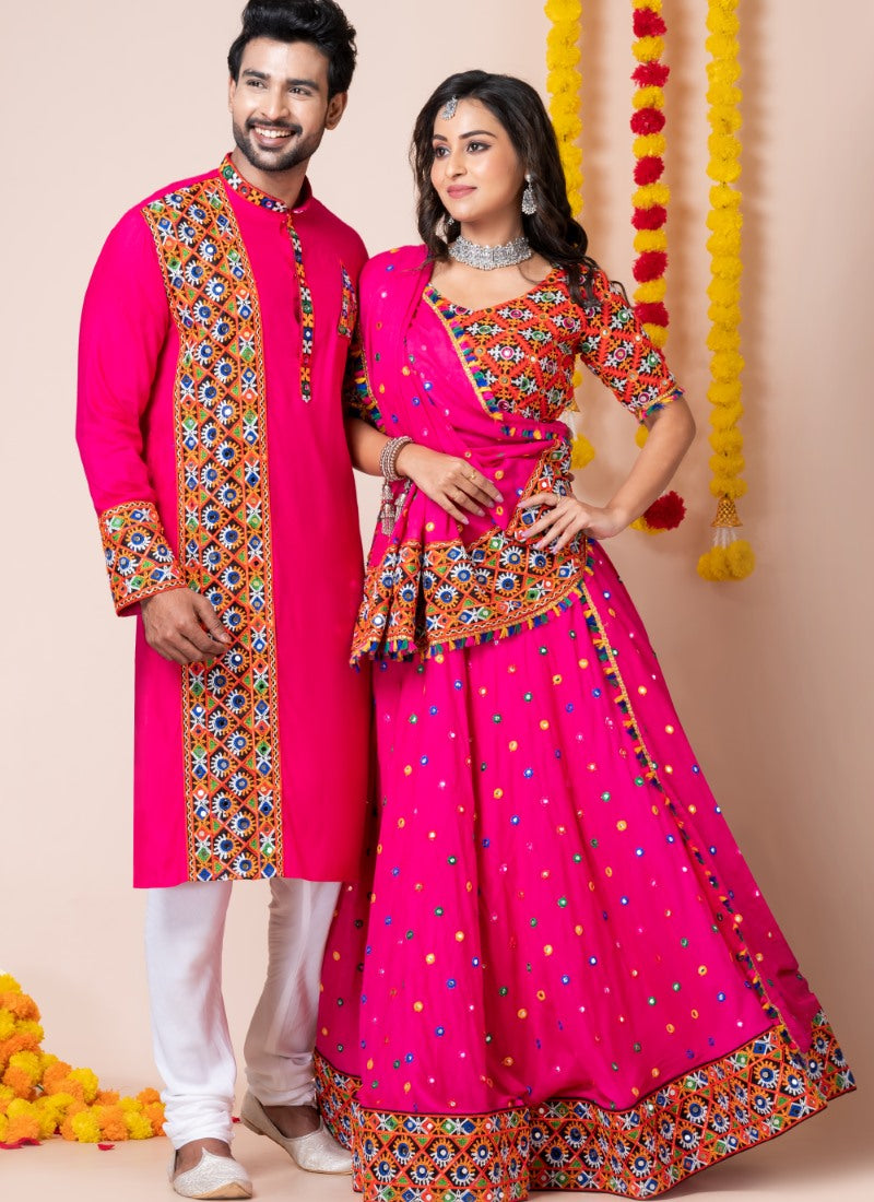 Pink Navratri Chaniya Choli & Men's Kurta Pajama Combo With Embroidery Work