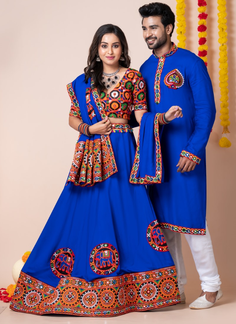 Blue Navratri Chaniya Choli & Men's Kurta Pajama Combo With Embroidery Work