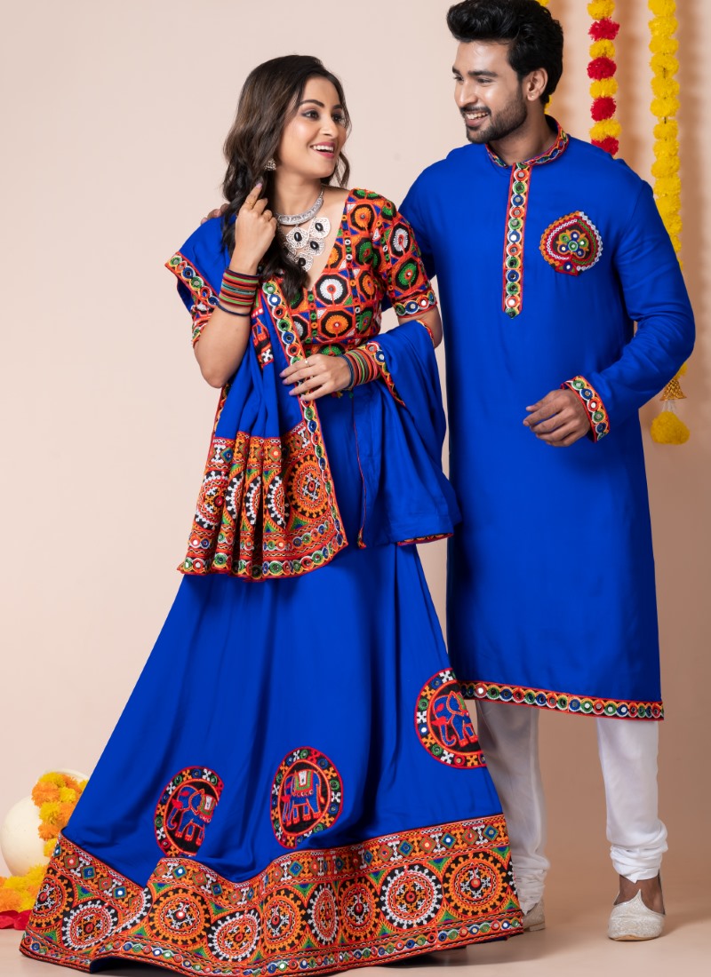 Blue Navratri Chaniya Choli & Men's Kurta Pajama Combo With Embroidery Work