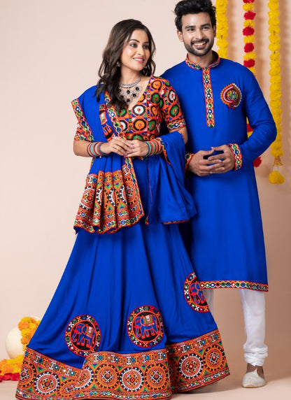 Blue Navratri Chaniya Choli & Men's Kurta Pajama Combo With Embroidery Work