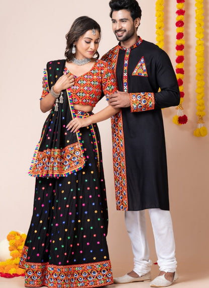 Black Navratri Chaniya Choli & Men's Kurta Pajama Combo With Embroidery Work