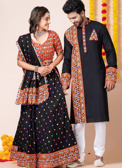 Black Navratri Chaniya Choli & Men's Kurta Pajama Combo With Embroidery Work