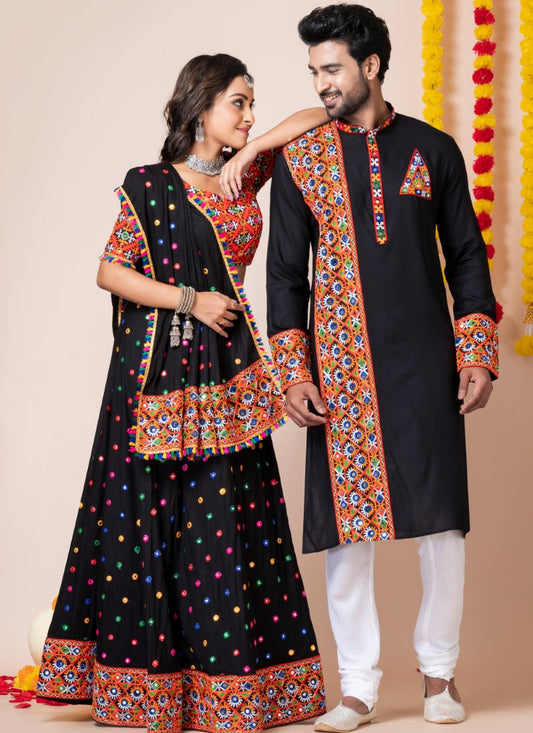 Black Navratri Chaniya Choli & Men's Kurta Pajama Combo With Embroidery Work